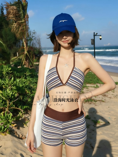 泳衣女性感条纹分体比基尼小胸聚拢遮肚显瘦度假海边温泉沙滩泳装