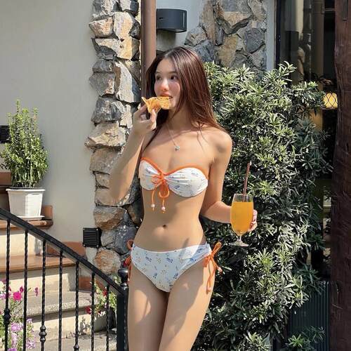 碎花抹胸分体三角比基尼泳衣女