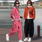 时尚 上衣哈伦牛仔裤 圆领套装 水洗棉开衫 两件套 女2025春秋新款 大码