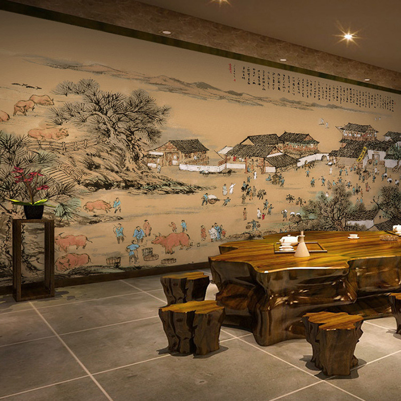 3D清明上河图壁画古代建筑墙纸酒店餐厅壁纸火锅饭店装饰背景墙布图片