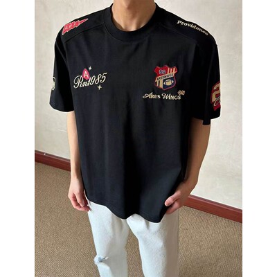 夏季美式hiphop刺绣徽章重磅纯棉正肩短袖男女款半袖上衣百搭t恤