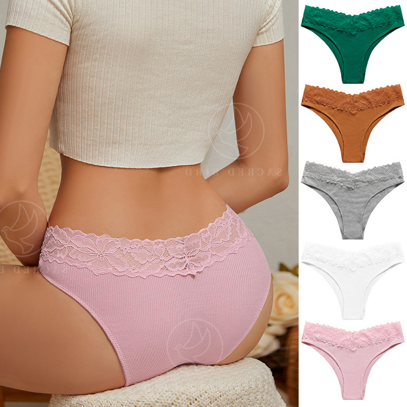 性感蕾丝腰边拼接螺纹薄款透气女士运动内裤低腰大码纯棉裆三角裤