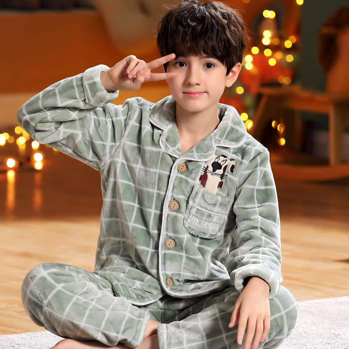 中大童睡衣秋冬季男孩子加厚加绒青少年初中学生法兰绒家居服套装