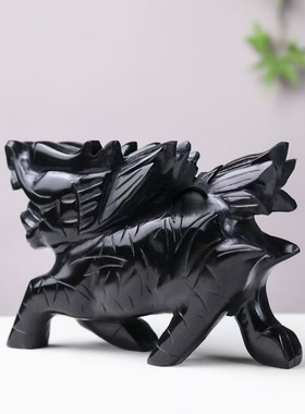 天然黑曜石麒麟瑞兽一对摆件