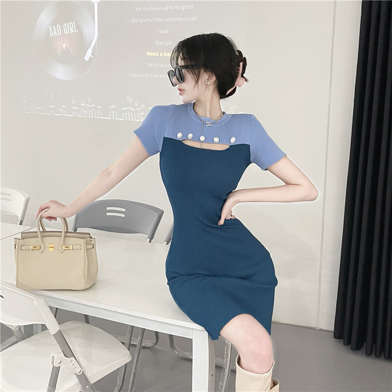 Real price ~ Korean fashion slim fit, color matching, hollow out short sleeve bottom knitted dress
