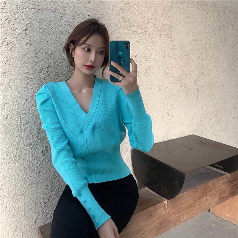 Real price ~ bubble sleeve short sweater women's knitting cardigan shows thin V-neck temperament long sleeve slim top