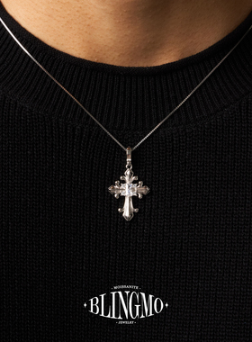 BLINGMO S925纯银鸢尾花十字架镶钻项链男女复古大十字架毛衣链