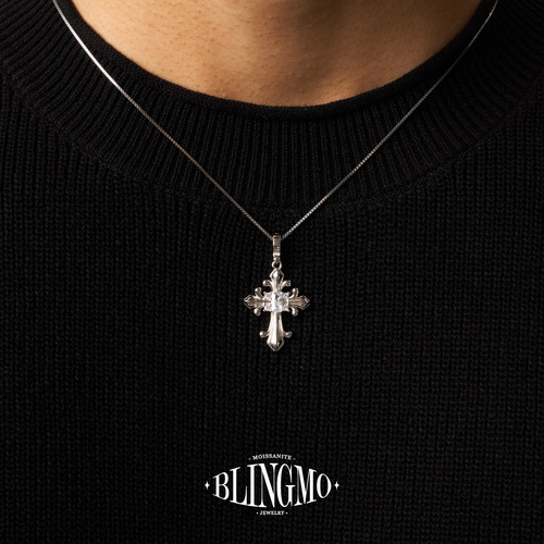 BLINGMO S925纯银鸢尾花十字架镶钻项链男女复古大十字架毛衣链