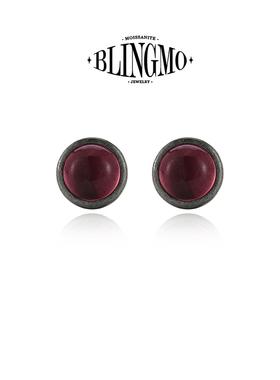 BLINGMO S925纯银红玻璃石做旧黑色硫化耳钉圆形个性潮流简约耳饰
