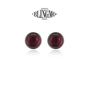 BLINGMO S925纯银红玻璃石做旧黑色硫化耳钉圆形个性潮流简约耳饰