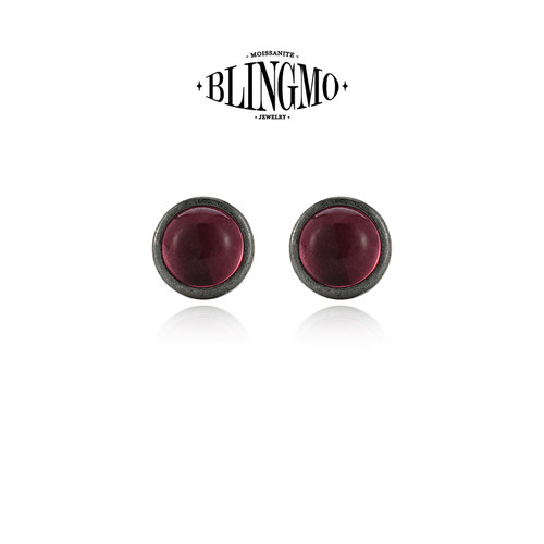 BLINGMO S925纯银红玻璃石做旧黑色硫化耳钉圆形个性潮流简约耳饰
