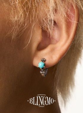 BLINGMO S925纯银天然原矿绿松石做旧十字架耳环小众复古民族风