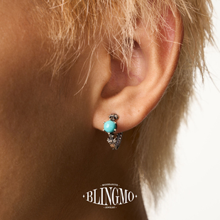 BLINGMO S925纯银天然原矿绿松石做旧十字架耳环小众复古民族风