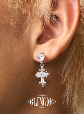 BLINGMO S925纯银鸢尾花十字架镶钻耳钉男女款高级大耳坠轻奢耳饰