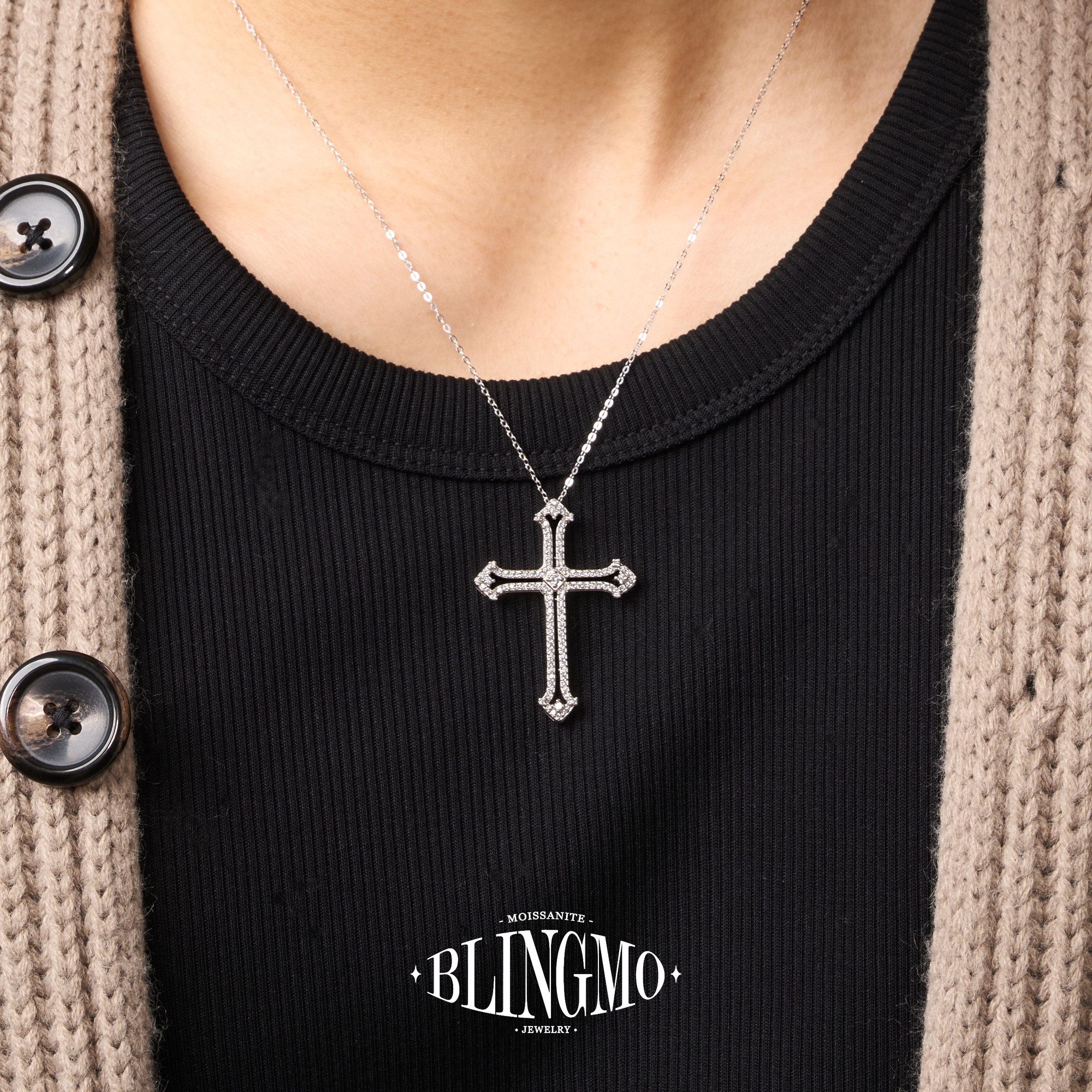 BLINGMO S925纯银满钻重工中古十字架吊坠项链轻奢老钱风锁骨链