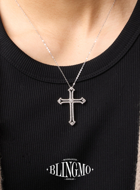 BLINGMO S925纯银满钻重工中古十字架吊坠项链轻奢老钱风锁骨链