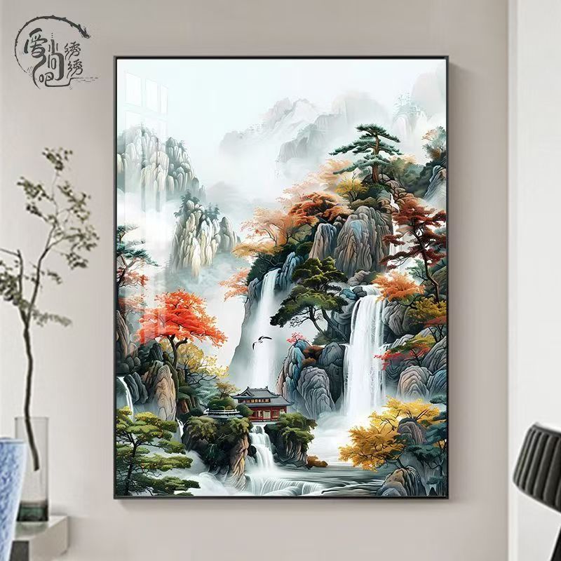 新中式国风山水十字绣新款高山流水玄关入户线绣客厅装饰diy刺绣