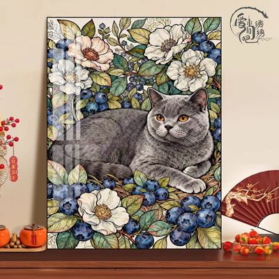 森系花海蓝猫十字绣新款高级感蓝莓猫咪线绣客厅卧室diy手工自绣