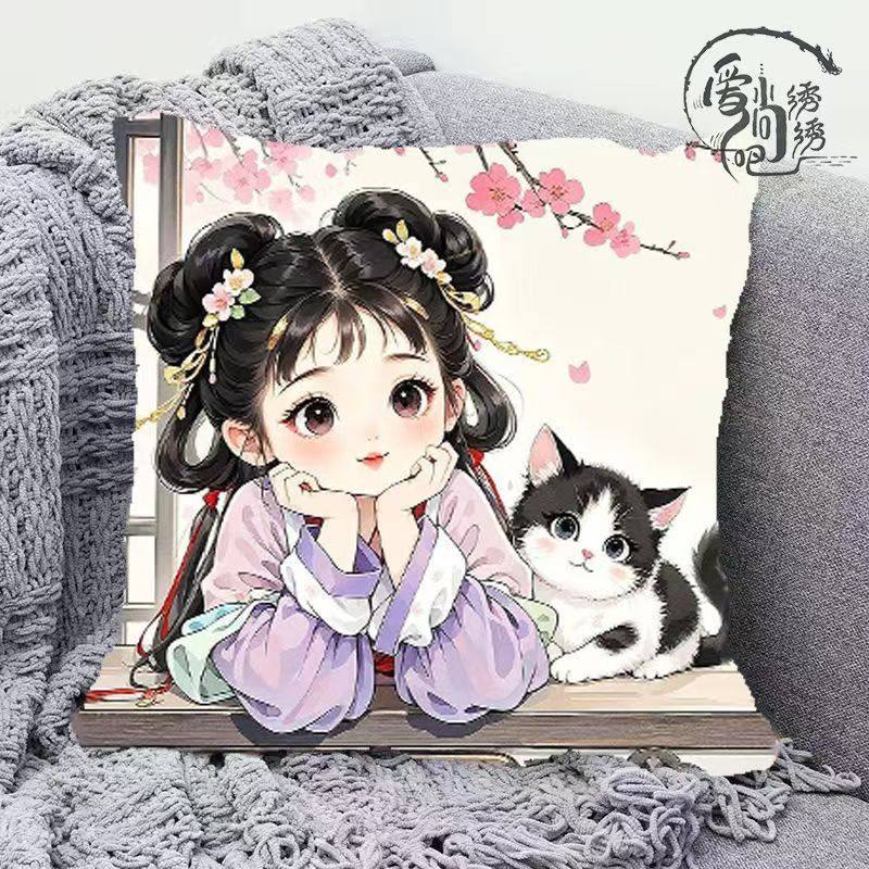 古风猫咪女孩十字绣抱枕新款人物线绣枕套沙发卧室靠枕diy手工绣