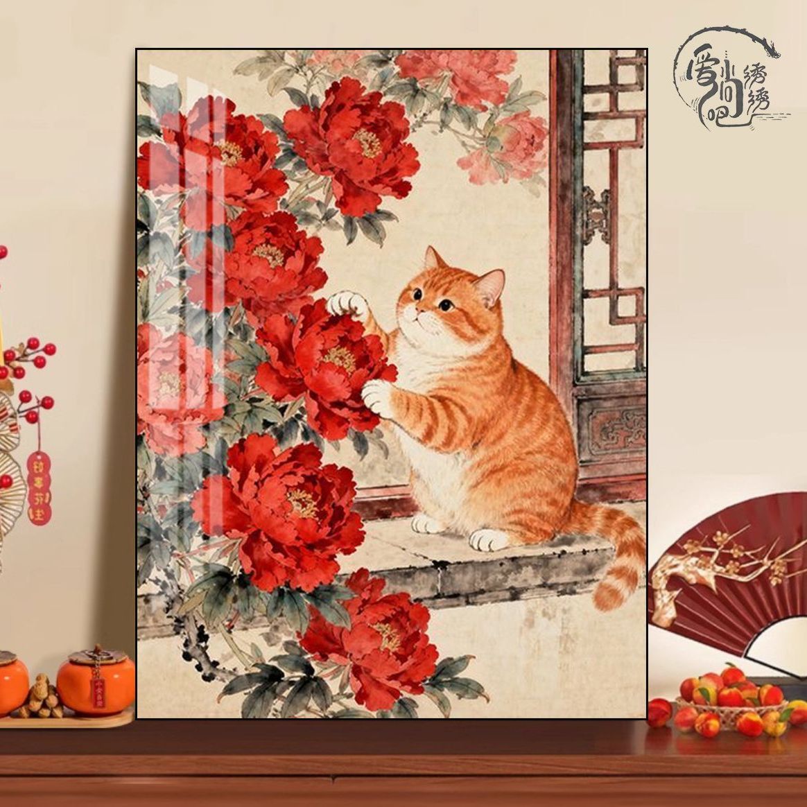 花墙猫咪十字绣新款高颜值国风牡丹猫猫线绣客厅玄关手工diy刺绣