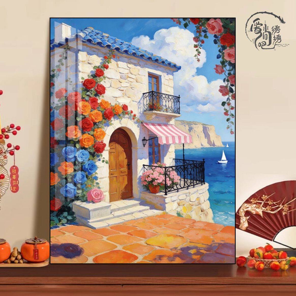 原创十字绣【海景别墅】新款唯美治愈风景线绣客厅玄关手工绣diy