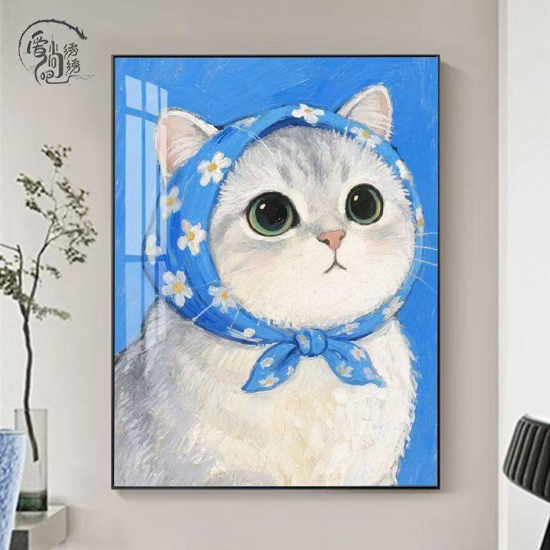 卡通戴头巾猫咪十字绣新款高颜值趣味线绣客厅玄关手工绣diy礼物