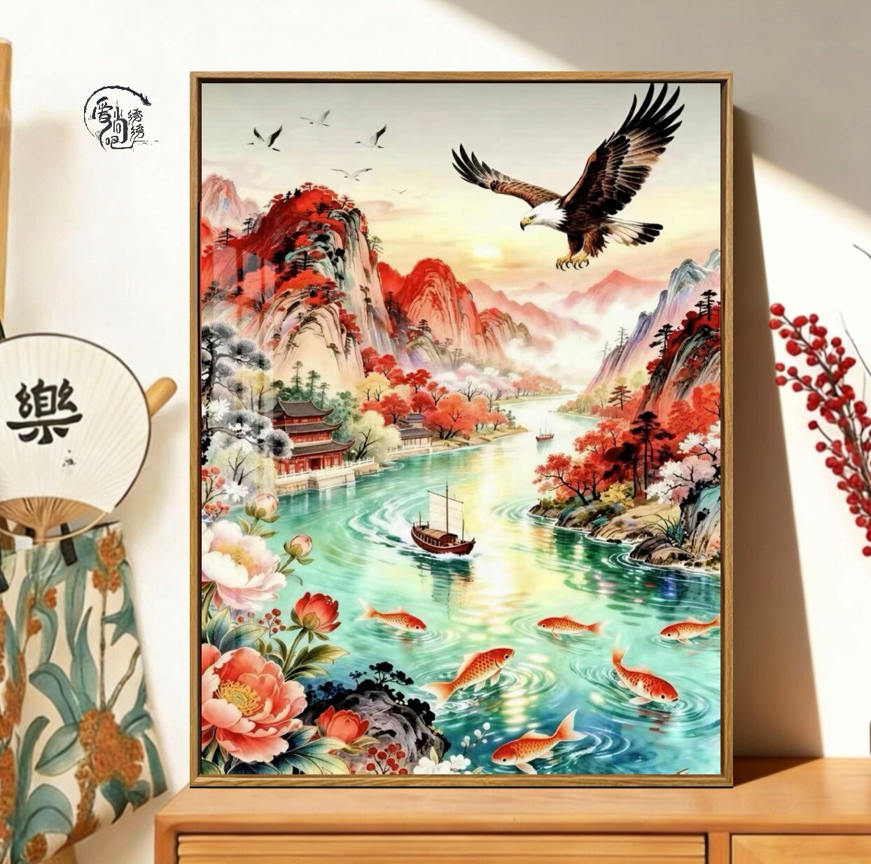 国风庭院楼阁十字绣新款雄鹰展翅意境山水线绣客厅玄关diy手工绣