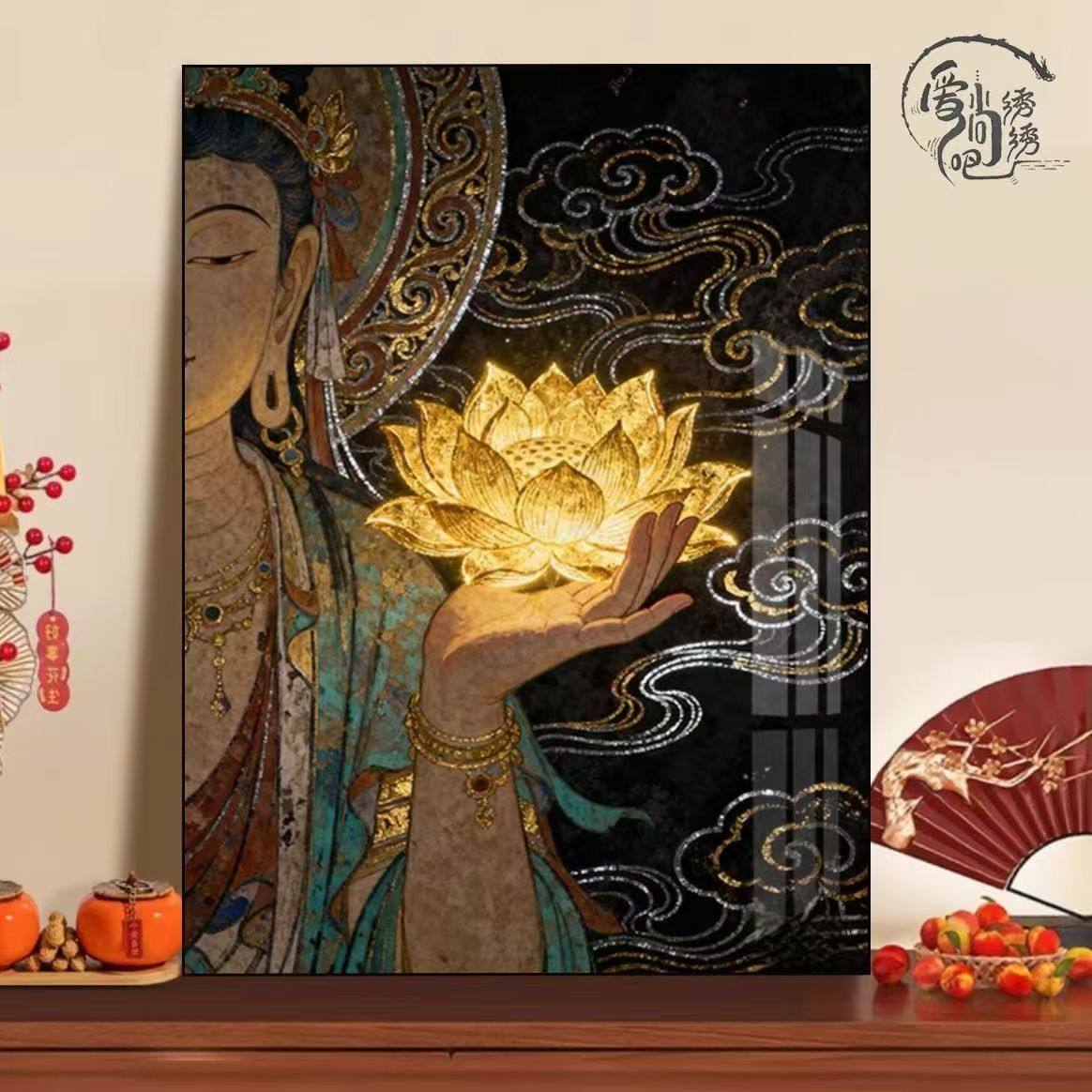 敦煌佛生莲花十字绣新款古韵高级感佛像线绣客厅玄关竖版刺绣diy