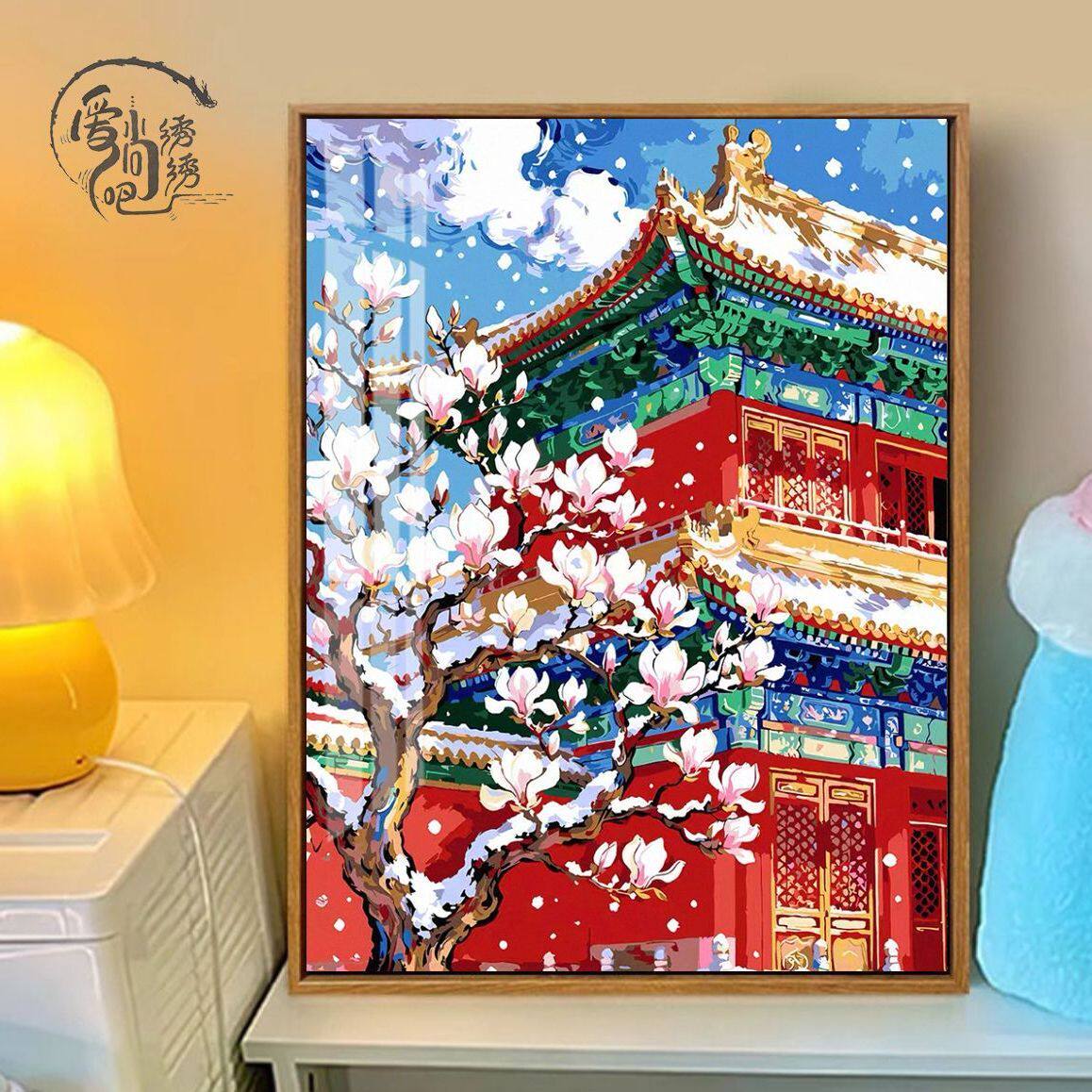 故宫玉兰花十字绣新款国风唯美宫殿花卉线绣客厅玄关手工diy刺绣