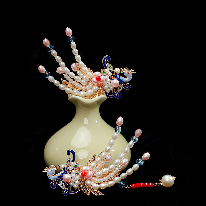 古典汉服头饰景泰蓝凤冠红楼梦流苏珍珠偏凤发饰明制汉服凤钗配饰