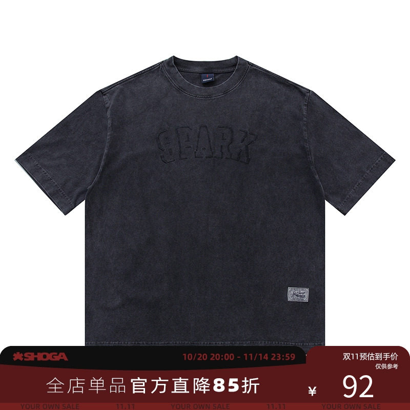 SHOGA 300g重磅水洗做旧绣花短袖T恤男士夏季cityboy宽松半袖tee