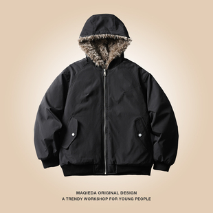 马切达冬季加绒连帽保暖棉袄情侣复古日系外套男士宽松潮牌棉衣