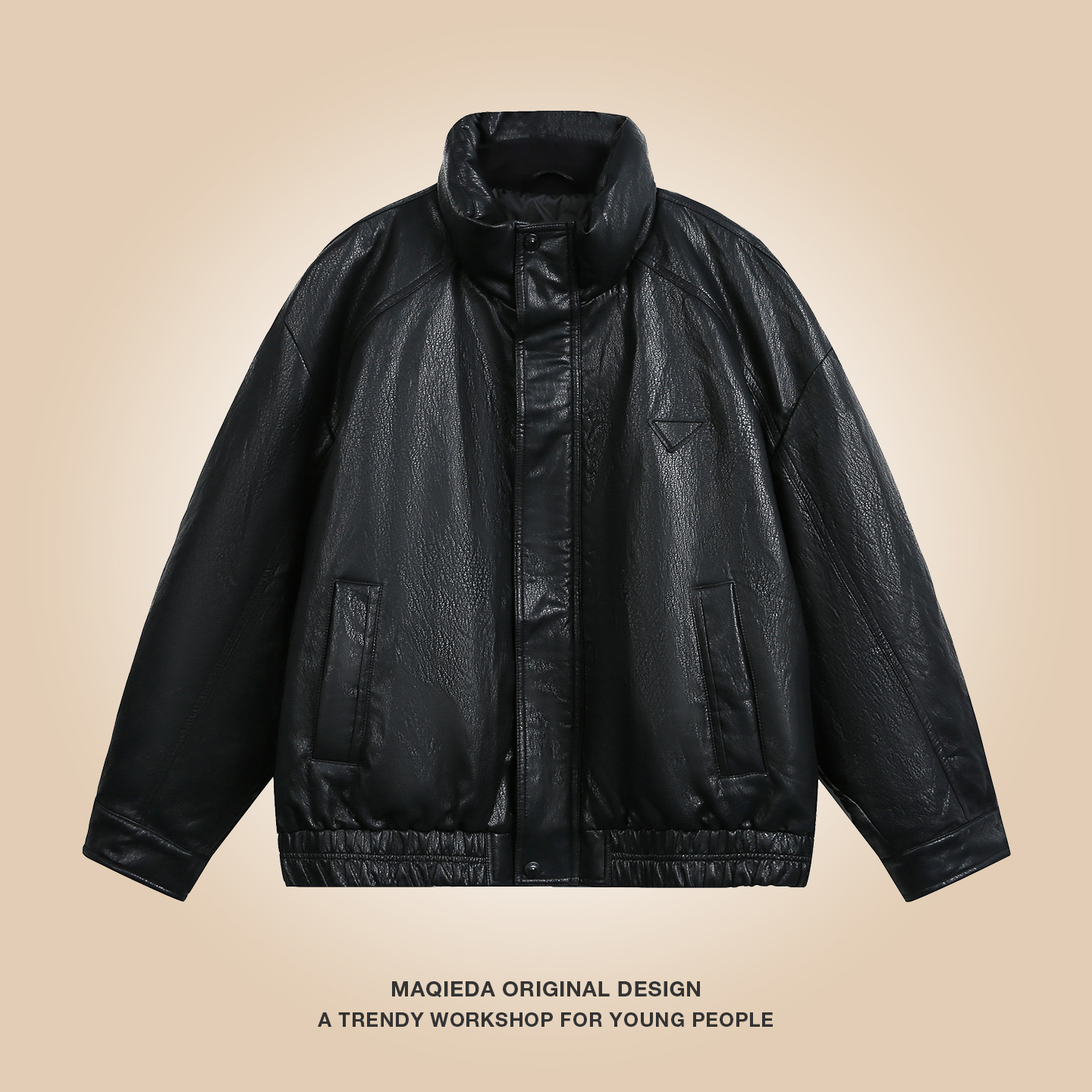 马切达冬季PU皮美式立领纯色休闲外套男款复古痞帅潮牌宽松羽绒服