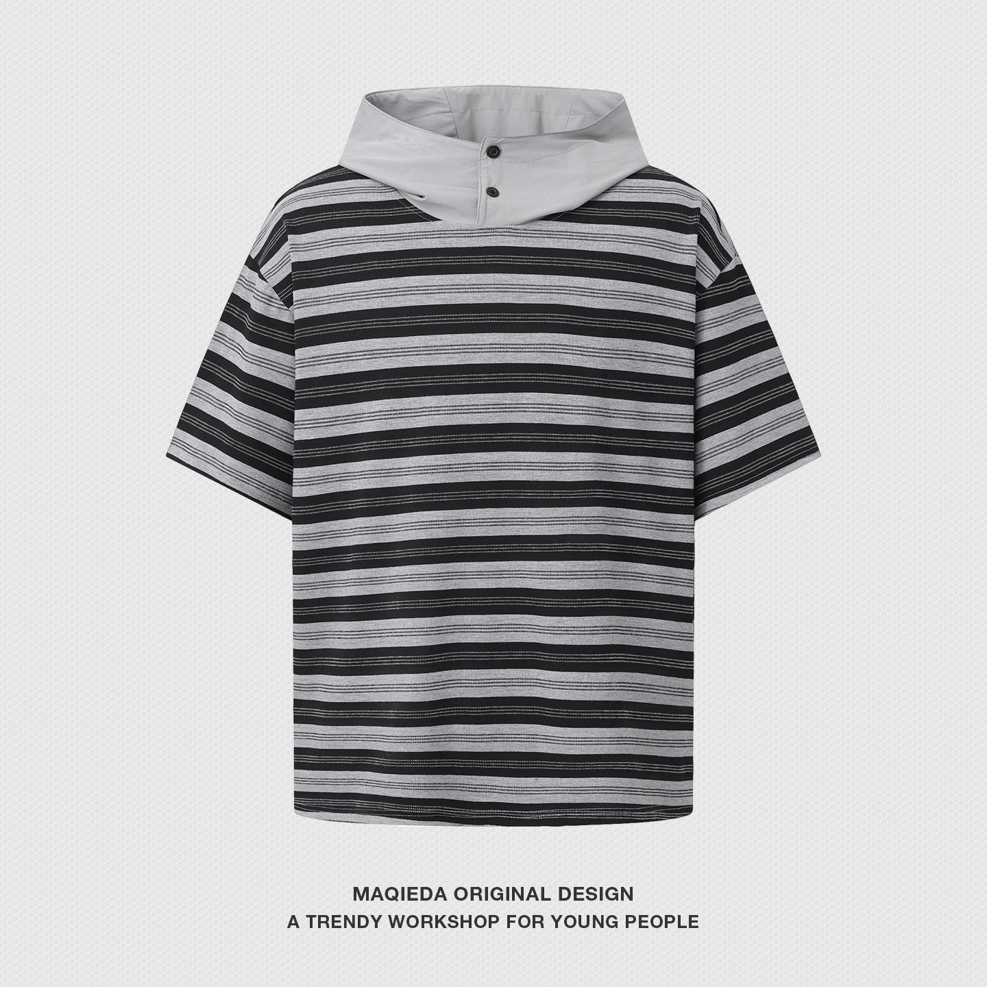 马切达2026新款美式复古条纹连帽短袖T恤运动夏季宽松五分袖男士