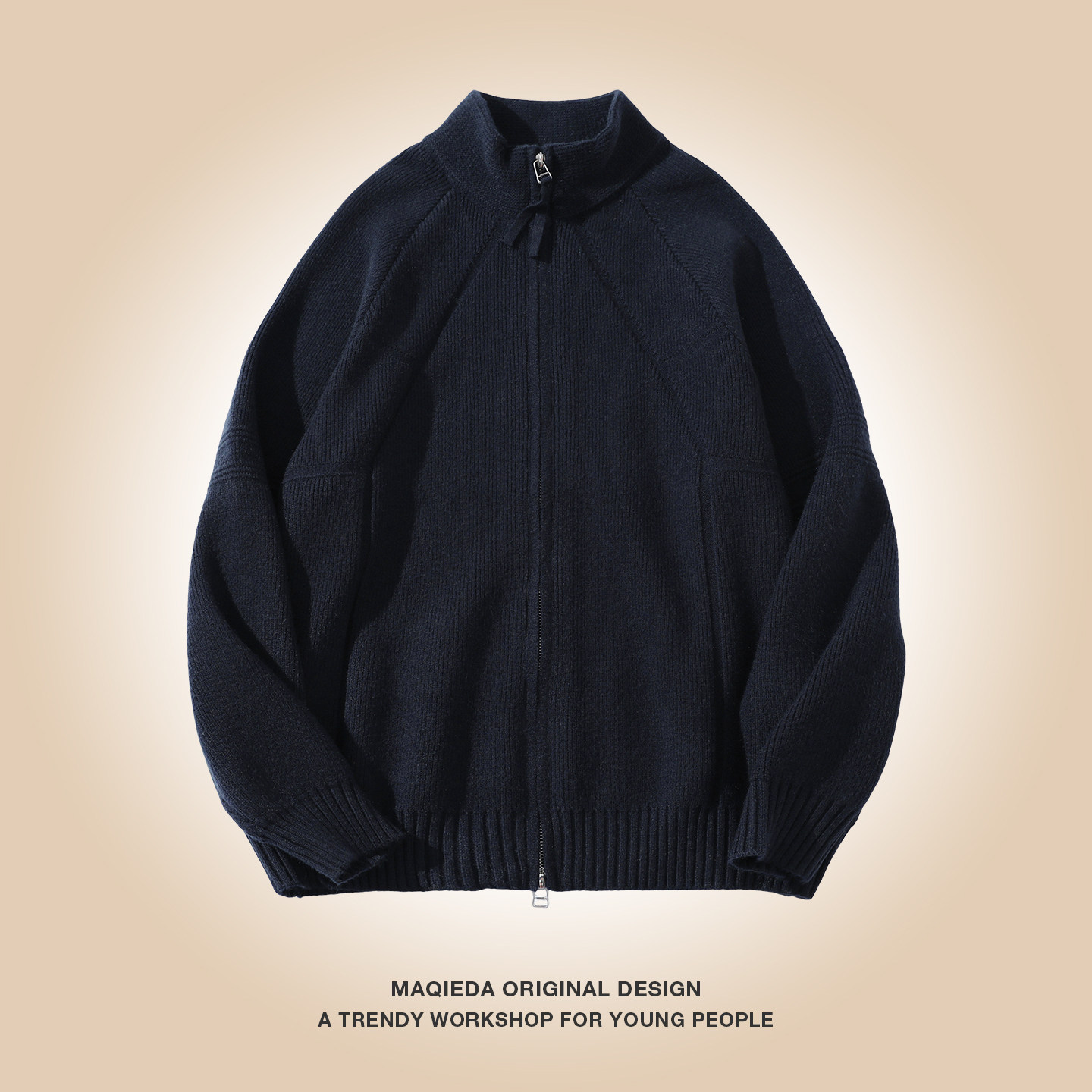 马切达春秋慵懒风简约拉链开衫男百搭针织衫外套纯色休闲宽松毛衣