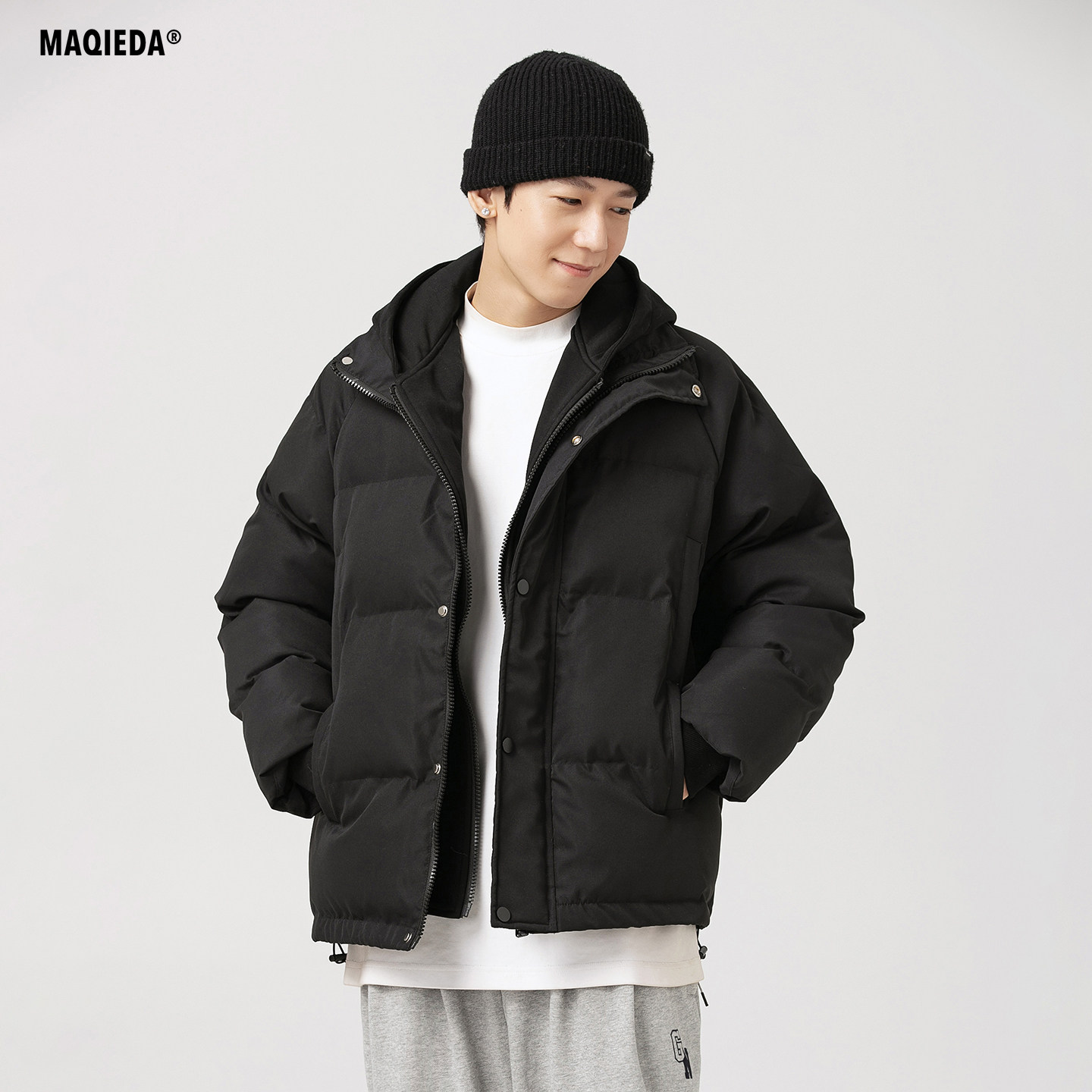 冬季日系男款加厚假两件连帽棉衣