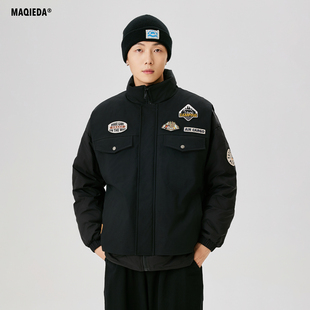 马切达冬季潮流立领飞行男款美式羽绒服工装徽章贴布保暖宽松外套