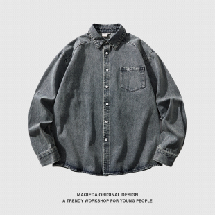 潮牌男士 水洗复古衬衣美式 外套 简约刺绣竹节棉牛仔衬衫 马切达春季