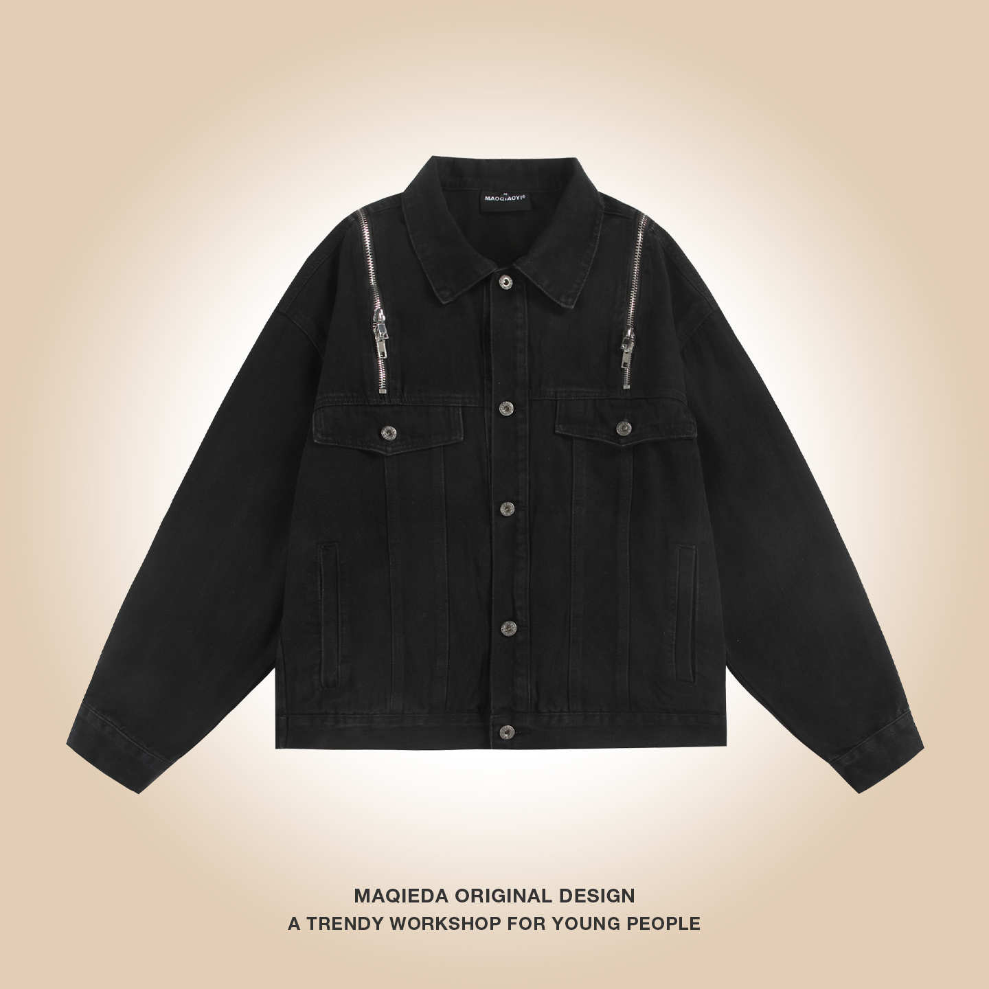 马切达设计感拉链秋季牛仔外套