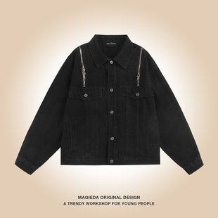 潮牌黑色百搭休闲外套秋冬 牛仔外套工装 马切达设计感拉链秋季 男款