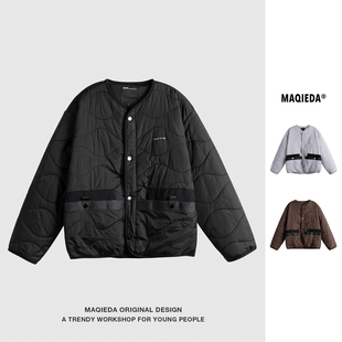 马切达冬季拼接无领绗线棉服男款日系复古棉衣2025新款休闲外套潮
