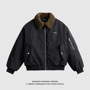 冬季加厚羊羔毛毛领保暖飞行员棉服男款美式拼接棉衣痞帅百搭外套