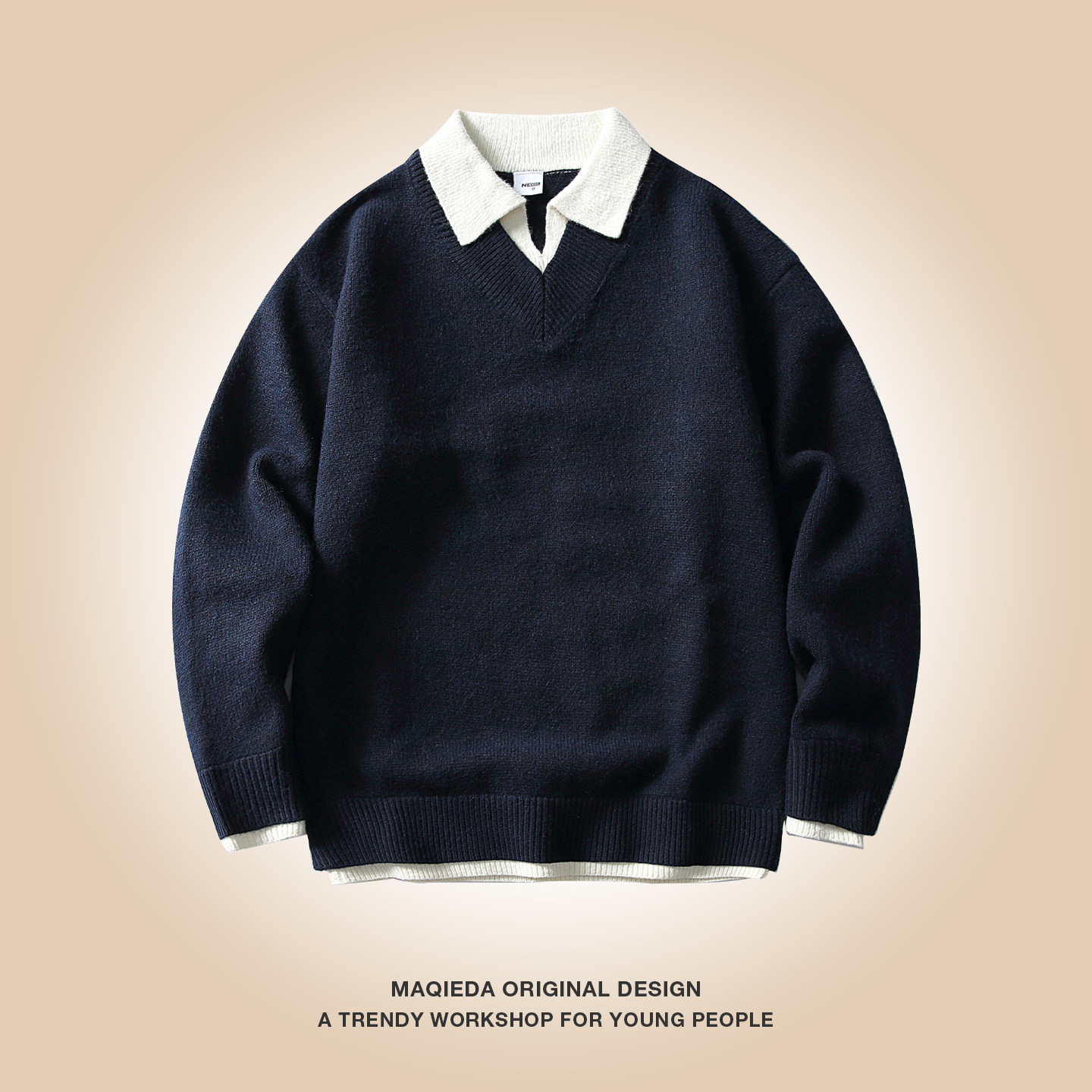 马切达秋冬日系假两件学院风男士V领长袖毛衣设计感百搭针织衫潮,男装,针织衫/毛衣,淘宝优惠券,粉丝福利购,淘宝优惠卷