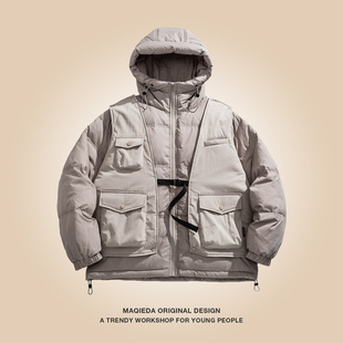 冬季日系户外可拆卸马甲两件套工装连帽羽绒服多口袋男款宽松外套