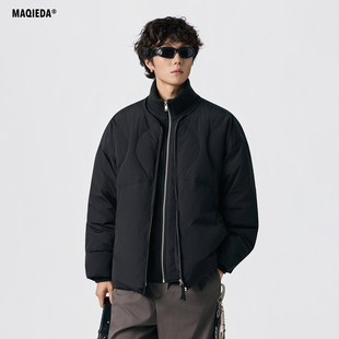 休闲羽绒服2025新款 假两件男款 复古潮牌保暖外套 痞帅立领冬季 美式