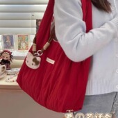ins风轻便旅游红色单肩包包女生 大容量学生通勤托特包手提帆布袋