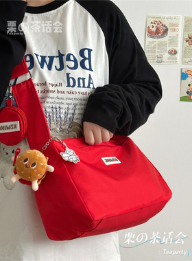 红色小众百搭包包女 日系ins简约休闲大容量斜挎包运动风单肩包潮