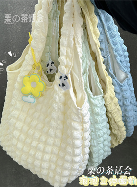 日系ins风小清新少女心单肩包上课通勤托特包女 大容量帆布包包女