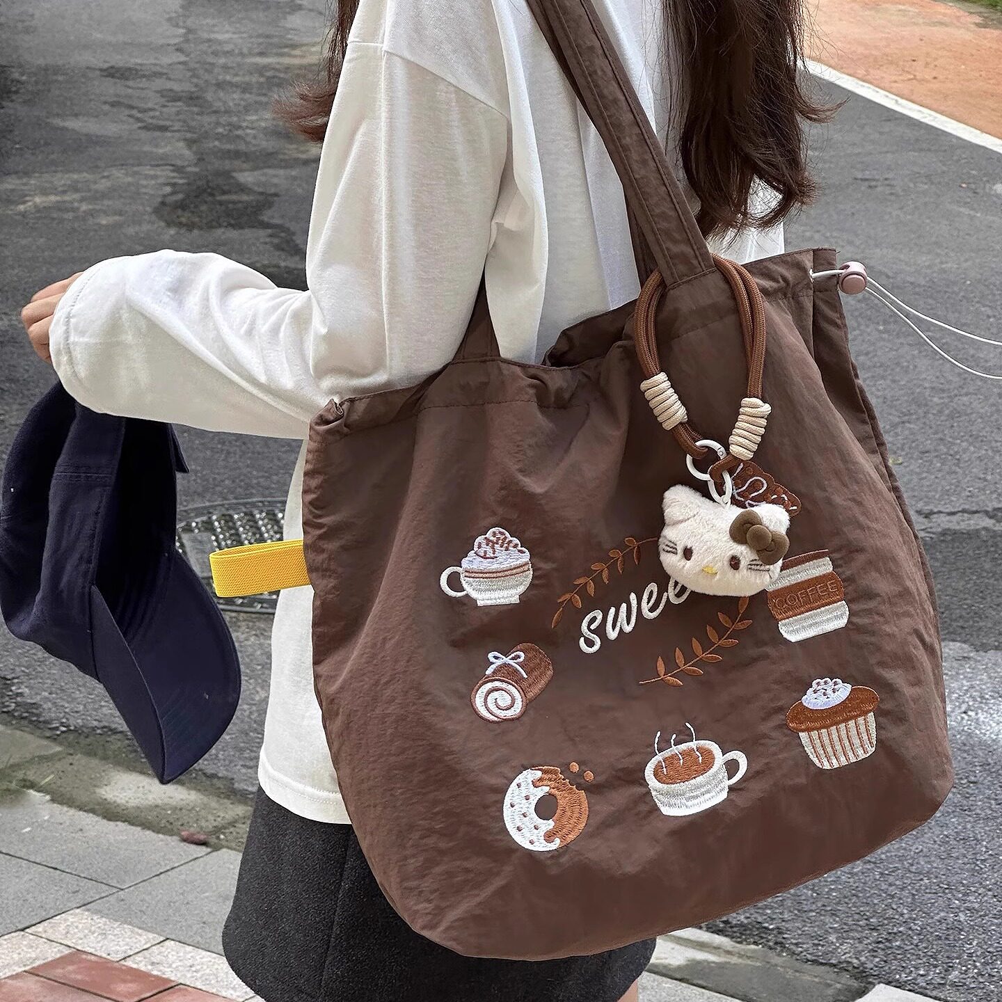 日系可爱卡通帆布托特包女慵懒风大容量学生单肩包百搭通勤手提包