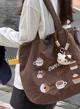 日系可爱卡通帆布托特包女慵懒风大容量学生单肩包百搭通勤手提包